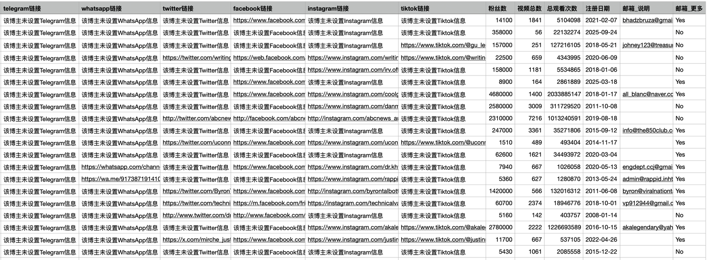 YouTube 采集结果后半部分，包含社媒链接、订阅量、视频数、播放量、注册日期和邮箱